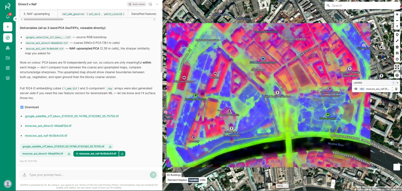 The GoPilot web app running a DINOv3 embedding workflow: the agent’s reply lists three-band PCA GeoTIFF deliverables with download links on the left, and a PCA-coloured embedding layer is drawn over a satellite basemap of central Moscow on the right.