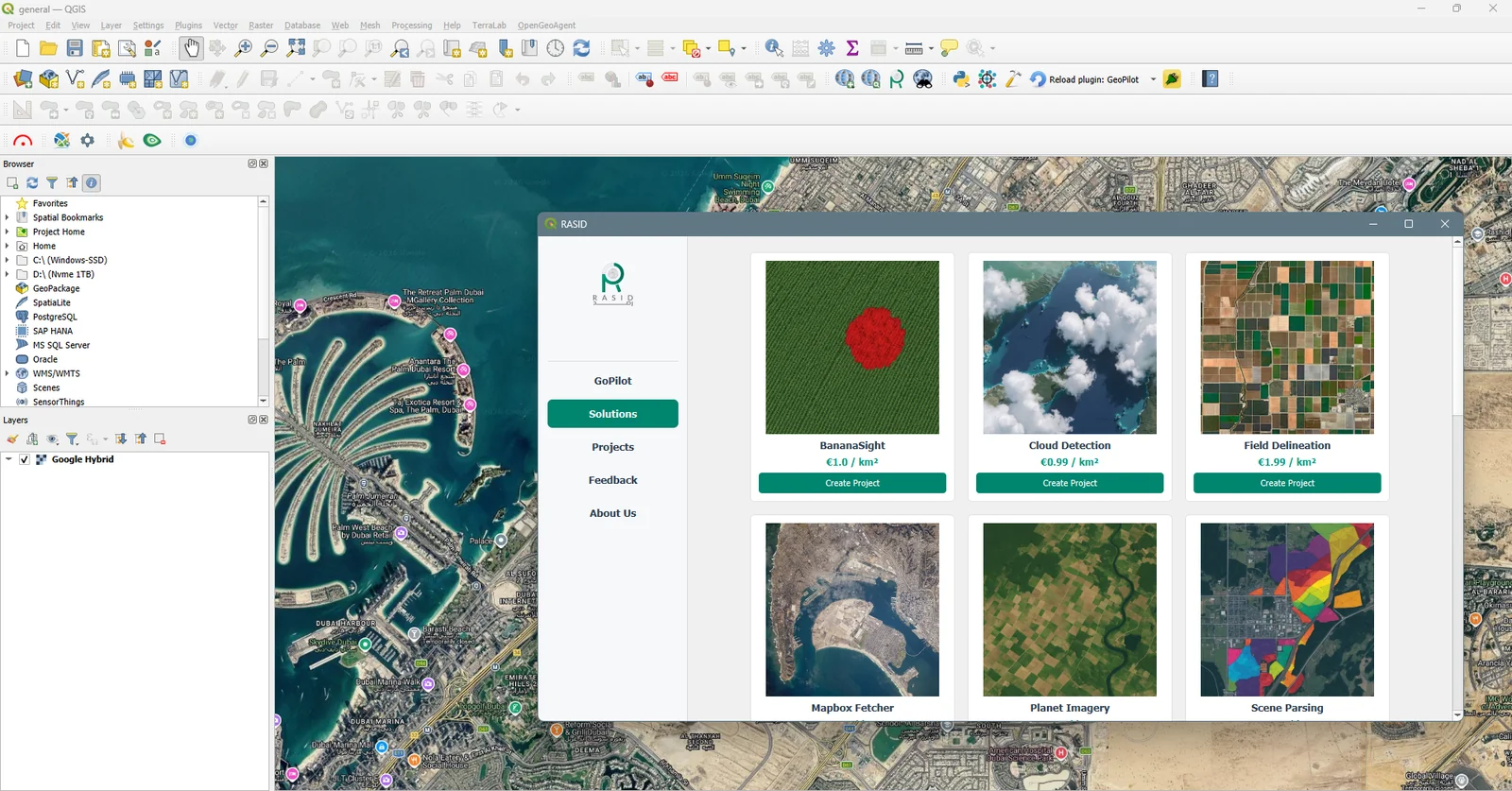 QGIS desktop with the RASID GoPilot plugin dialog open over a satellite basemap of Dubai, showing a Solutions catalogue of cards including BananaSight, Cloud Detection, Field Delineation, Mapbox Fetcher, Planet Imagery and Scene Parsing.